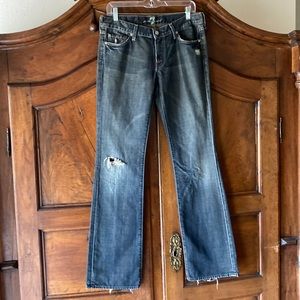 Dark wash distressed, bootcut jeans